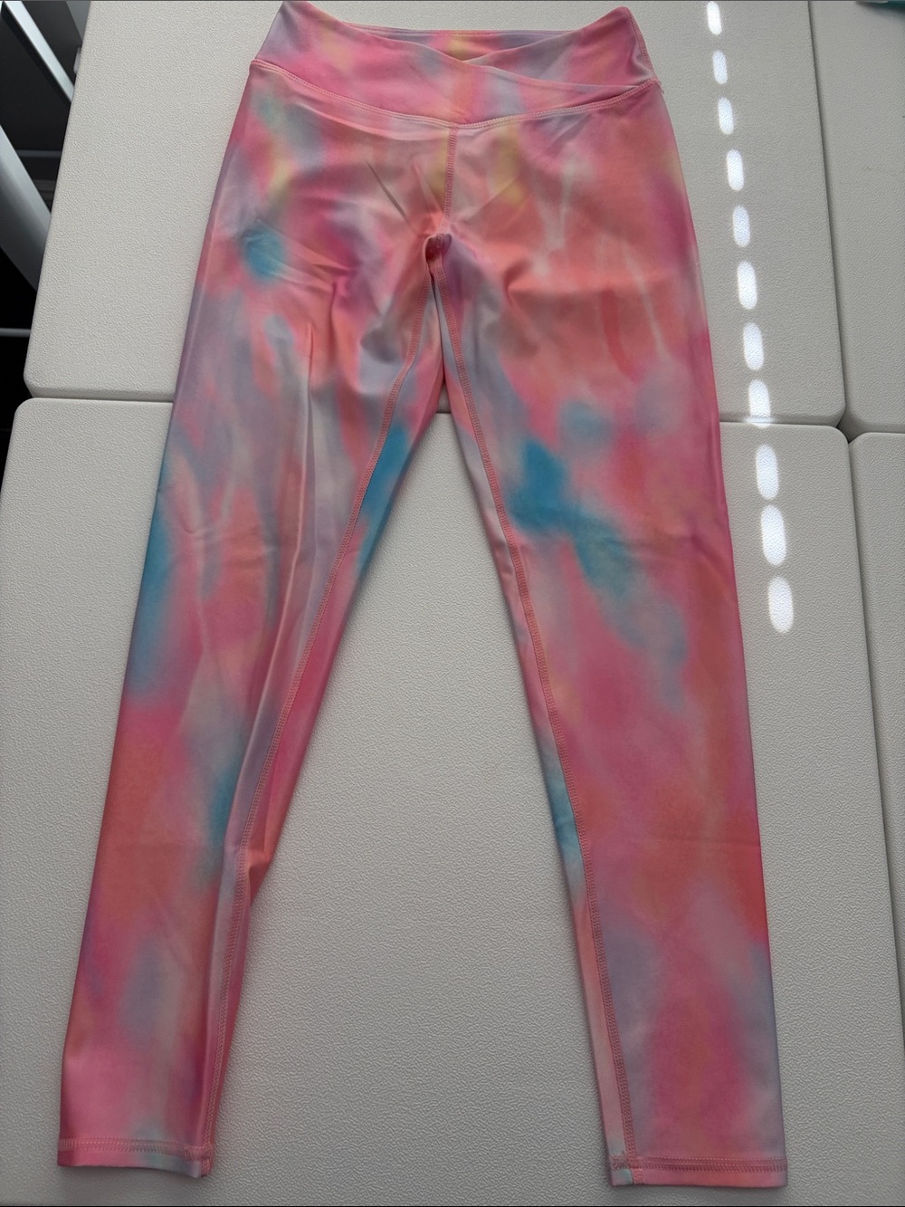 Zella Girl Pink Tie-Dye Leggings with Blue and Yellow Accents